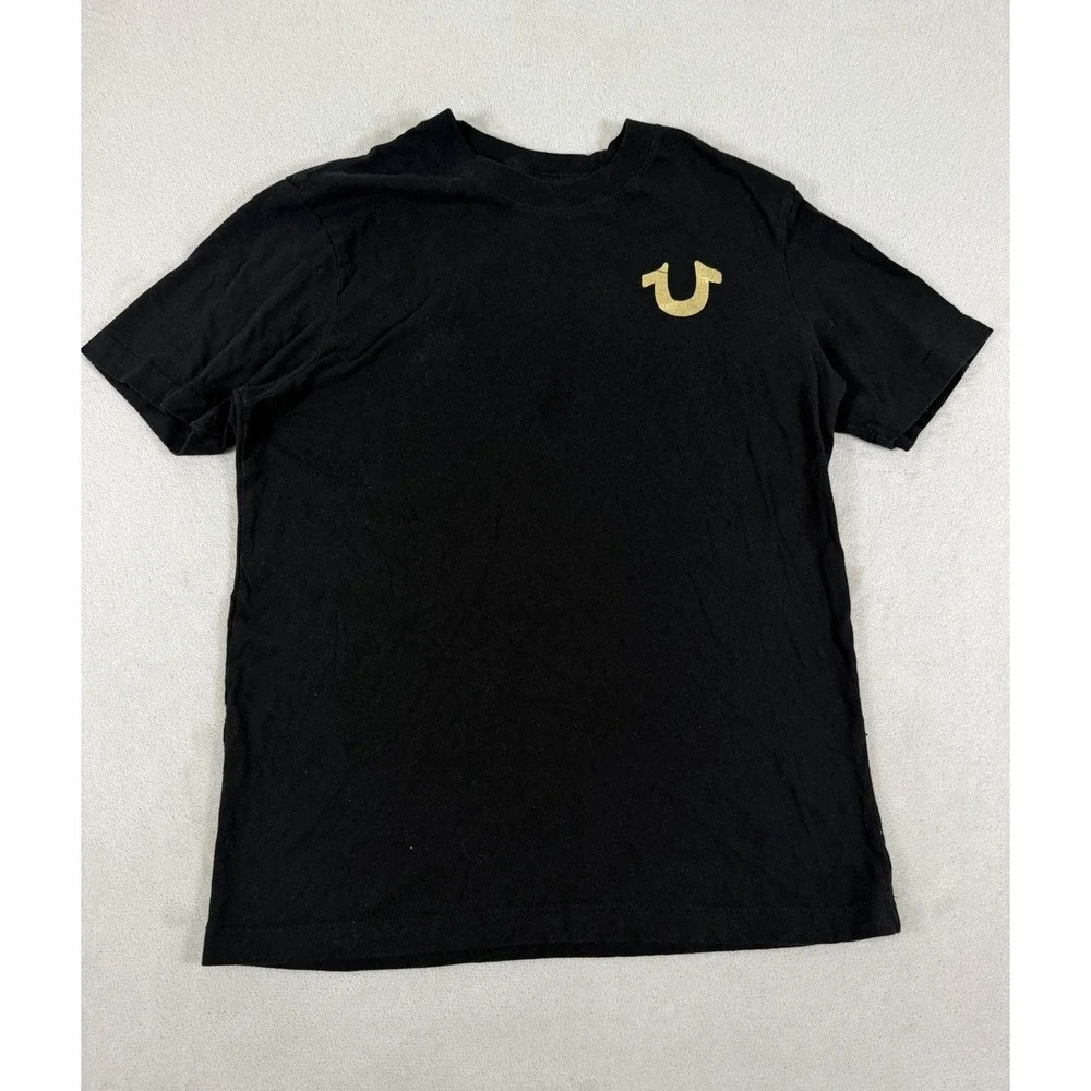 True Religion Mens Black Crew Neck T-Shirt Gold Metallic Horseshoe Logo Small